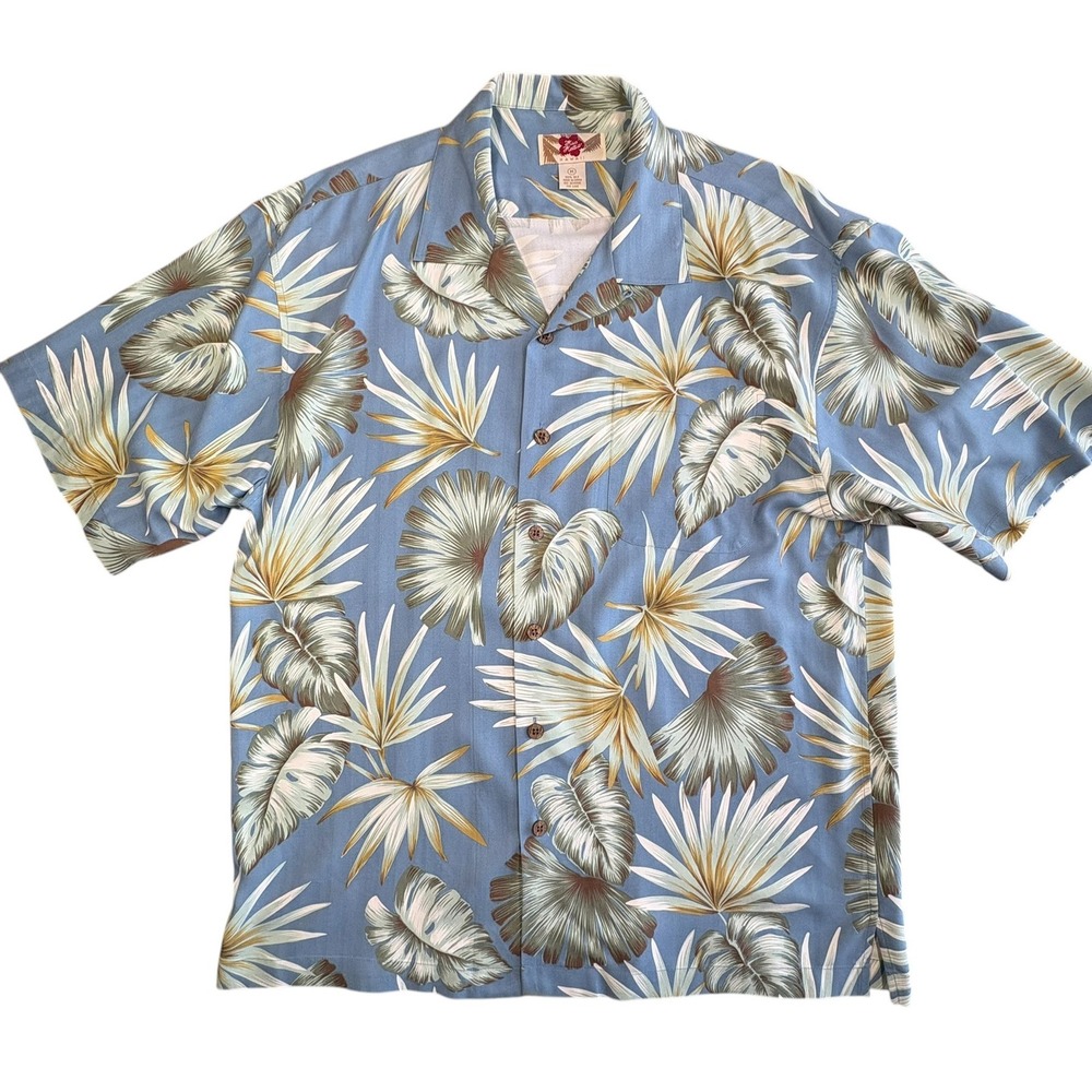 Hilo Hattie Silk Hawaiian Camp Shirt Mens M Blue Floral Loop Collar Aloha VTG